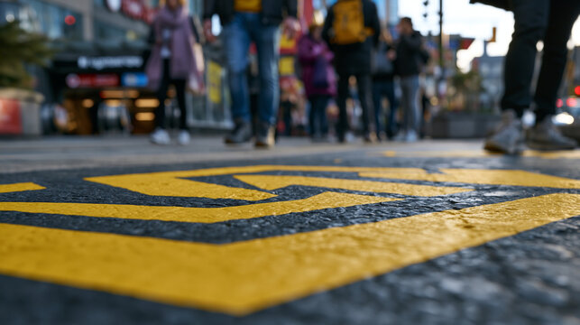 Urban guerrilla marketing installation on a busy pedestrian sidewalk where a street team secures a large floor decal campaign near a subway entrance, passersby pausing to interact with the unexpecte