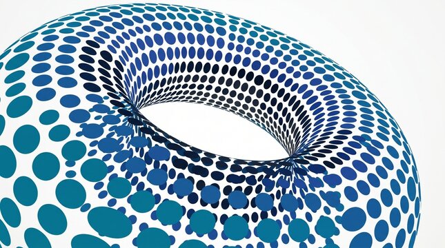 3D blue halftone torus ring with geometric dot pattern on white background for modern digital design