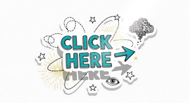 Click here button with decorative elements and icons.