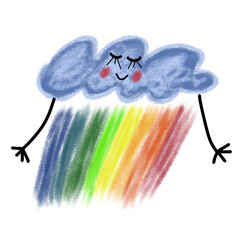 Obraz premium Cute smiling cloud with colorful rainbow in soft chalk pastel texture, whimsical kawaii illustration for nursery, kids, and decor.