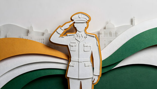 Professional saluting in crisp white uniform. Military officer posing with disciplined gesture against abstract background.