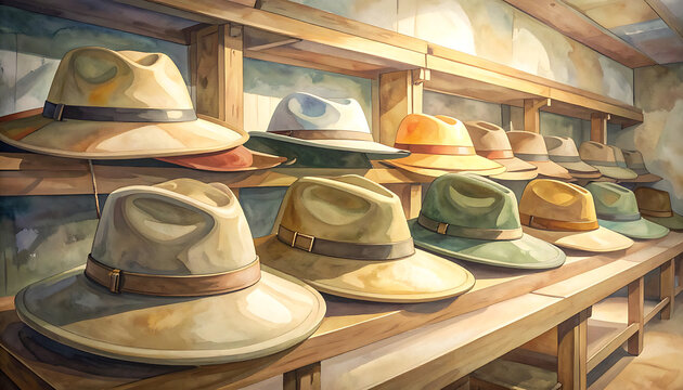 Variety of Hats on Wooden Shelves.