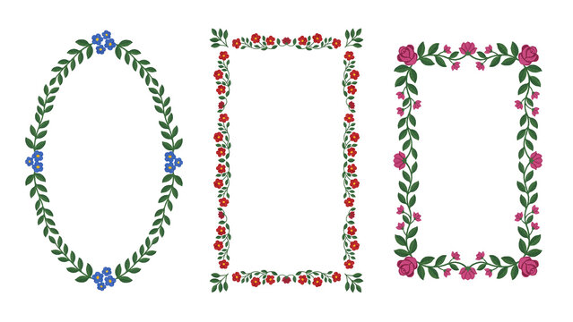 Floral frame set with botanical elements. Decorative flower borders for wedding invitations transparent background