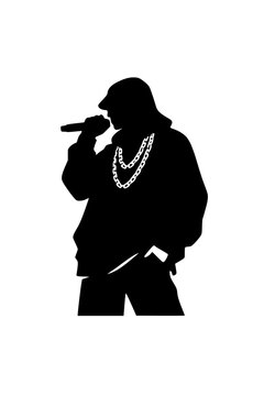 Silhouette of a male rapper performing with a microphone. Urban artist with chains and casual style.
