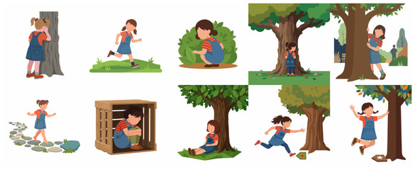 Set of Cute Cartoon Illustrations of a Little Girl Playing Hide and Seek in the Park