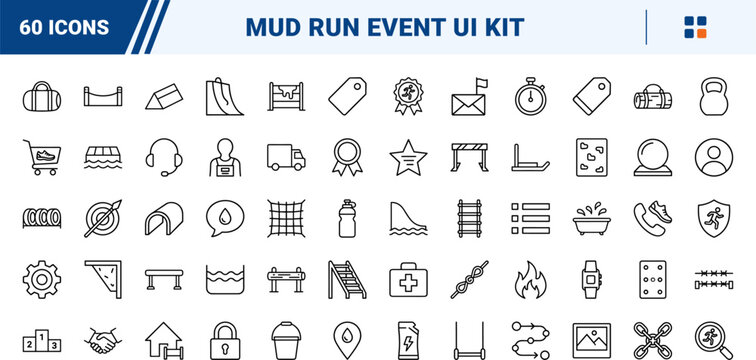 Obstacle race website line icon set. Vector pictograms of mud, run, course, and sports elements, thin linear illustration.