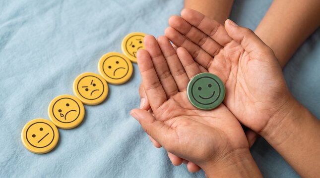 A hand holding a positive green smiley face token next to a row of negative emotion wooden icons with positive, negative