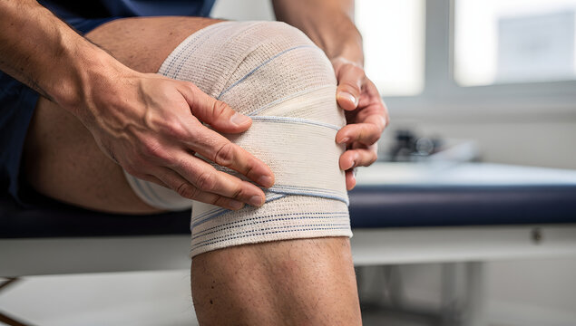 Physiotherapist applying knee compression wrap for sports injury recovery. Medical professional securing supportive bandage on athlete's leg for pa...