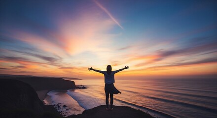 Fototapeta premium Woman stands on a cliff edge overlooking the ocean with arms wide open during a vibrant sunset.