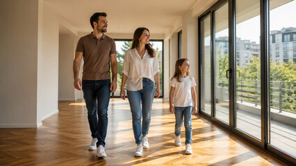 Fototapeta premium Young family exploring new empty apartment with modern interior and big windows. 