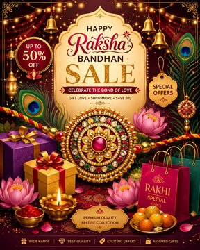 Raksha Bandhan sale greeting with gift boxes and decorative elements - ai generative