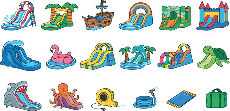 Inflatable Water Slide and Bouncy Castle Vector Icon Set Featuring Pirate Ships, Sea Animals, Palm Trees, Pools, and Rental Accessories for Kids Party Entertainment Designs