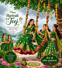 Obraz premium Hariyali Teej festive greeting with women celebrating - ai generative
