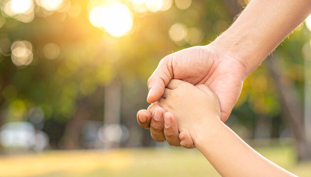 Generational Bond: A tender moment captured as an adult hand gently holds a child's hand, symbolizing love, trust, and guidance amidst a sun-drenched park setting.