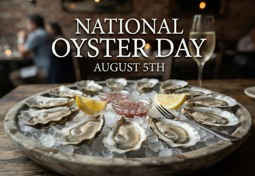 Fresh Shucked Oysters on Ice with Lemon and Wine for National Oyster Day on August 5th