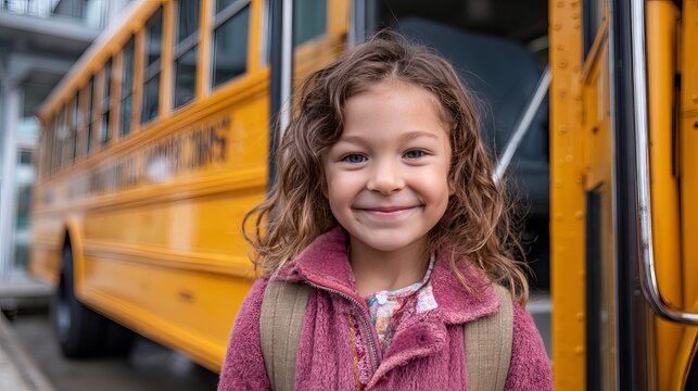 A young girl with curly hair smiles warmly while boarding a bright yellow school bus, ready for a new day of learning and friendship.
