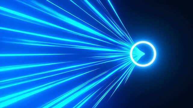 Glowing blue play button with light beams