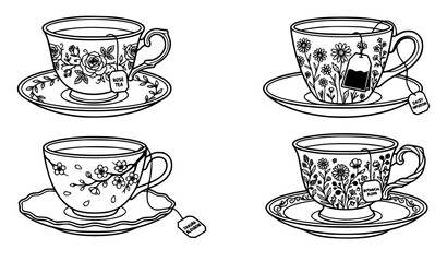 Fototapeta premium Four Black and White Tea Cups with Floral Patterns and Tea Bag Vector Set