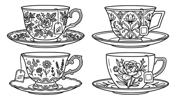 Floral Tea Cup Outline Vector Collection with Tea Bag Black and White Design