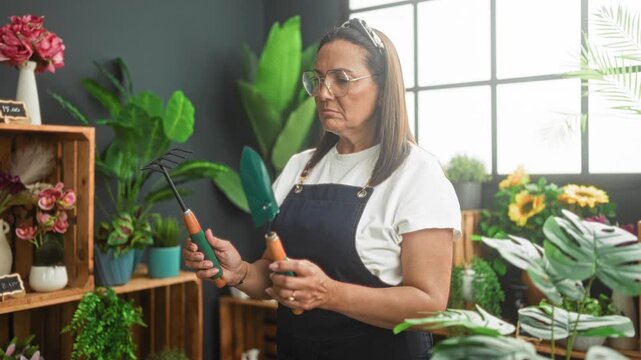 Woman florist in apron carefully inspects a trowel and hand rake while holding both gardening tools among potted flowers and plants in studio; calm care craft.