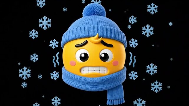 Cold shivering emoji character animation wearing blue winter hat and scarf with falling snowflakes on black background