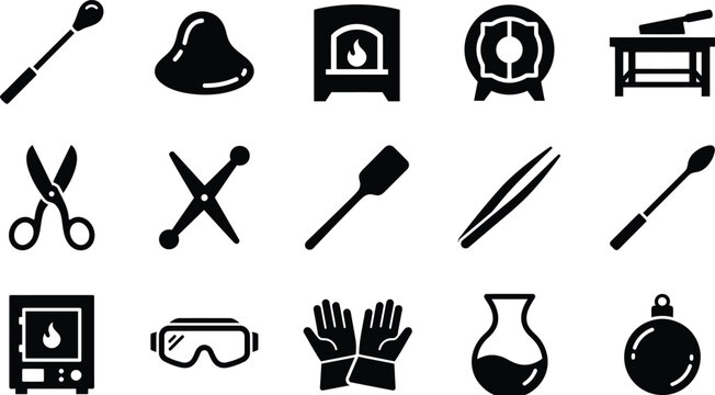 black and white icons of glassblowing tools and equipment