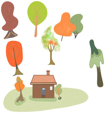 Hand-drawn cute cartoon house with various colorful trees isolated on transparent or white background, png
