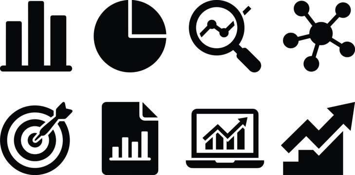 Business Analytics and Data Icon Set, Black Silhouette Vector Bundle of Chart, Graph, Target and Growth Symbols