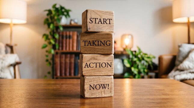Wooden blocks stacked to form the phrase start taking action now on a rustic desk with motivation business strategy
