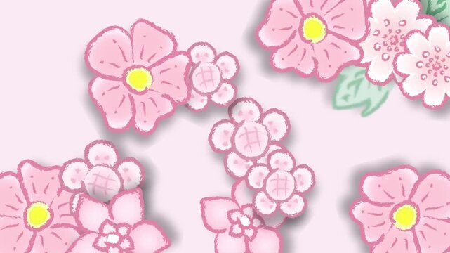 Whimsical cute pink pastel flower blossom pattern motion graphic with dynamic appearance and disappearance loop. Hand drawn pink flower and leaf animation featuring pop up floral transition background