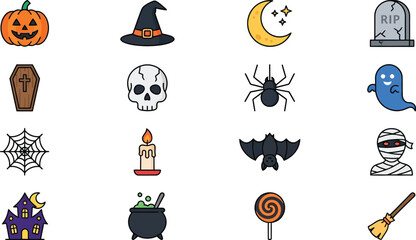 Obraz premium Halloween Icons Collection Flat Vector Illustration With White Background