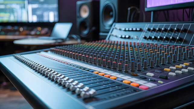 Professional audio mixing console with illuminated faders and knobs. High-end soundboard used for music production and live broadcasting.