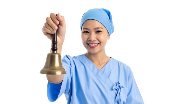 An Asian woman, in medical attire, holds up a golden bell and smiles. The background is white