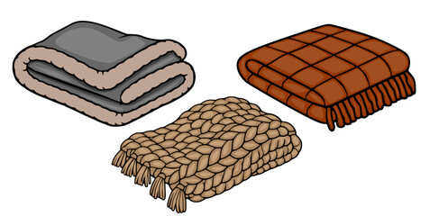 Set of cozy folded blankets vector illustration, including knit throw, plaid wool quilt, and faux fur fleece blanket © Khrystyna Turchyn