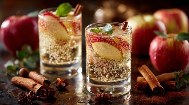 Refreshing apple cider cocktail with cinnamon sticks and fresh apple slices, a delightful autumn beverage for cozy evenings