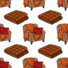 Obraz premium Cozy home interior seamless pattern vector with armchairs and checkered blankets