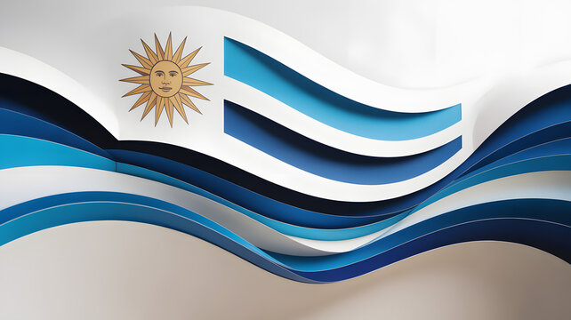 Uruguay flag waving in wind on Independence Day celebration. National banner with sun symbol for patriotic event design and print media.