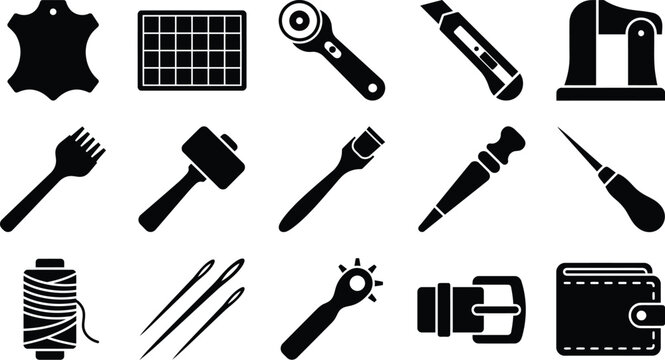 black and white icons for leather crafting and tool accessories