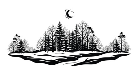 Forest Silhouette With Crescent Moon And Stars Black And White © Tanmoy