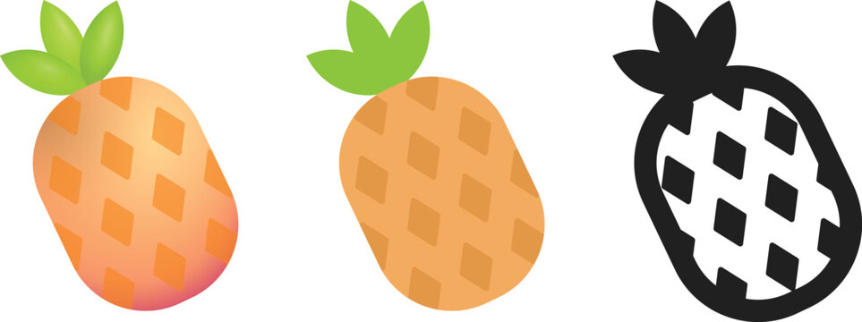 Pineapple ananas fruit icon set. Three design styles. Tropical beverage healthy food, summer fruit nutrition infographics, beach resort, culinary websites, fresh exotic food, Bromeliaceae ananas ui