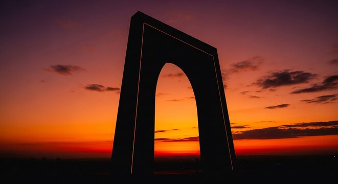 Architectural arch stands silhouetted against a brilliant orange sunset sky during the late evening hours.