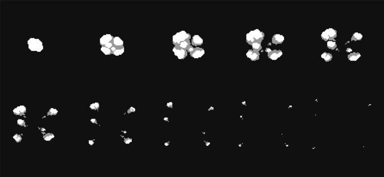 Pixel art smoke burst frames showing small explosion and particle dispersion. Retro style sequence for game effects and interface elements on dark background.
