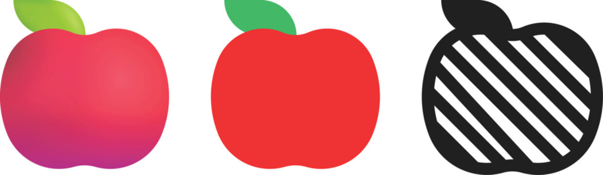 Red Kashmiri apple fruit icon set. Realistic gradient shaded flat vector. Healthy food menu, Indian fruit nutrition infographics, culinary websites, fresh natural food, organic grocery app UI symbols