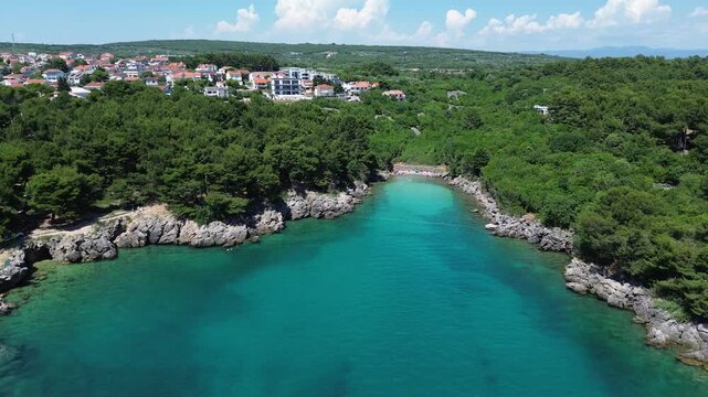 Aerial view of a turquoise bay on Krk Island, Croatia