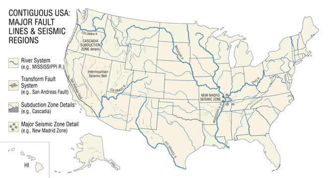US Map, Monochrome grey United States map vector graphic featuring state border abbreviations stylized weather clouds and a national time zone legend for educational design