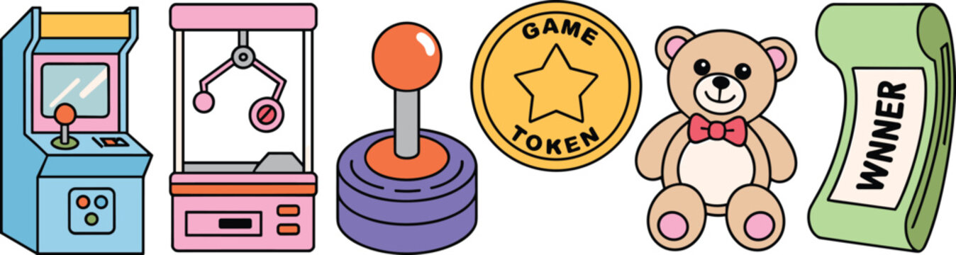 Retro arcade game vector set featuring cabinet machine claw crane joystick token coin teddy bear and winner ticket