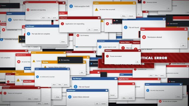Computer error message windows collage with critical system failure popup dialogs loop