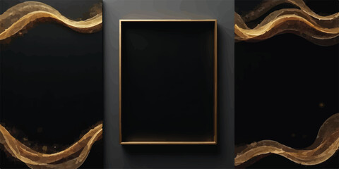 Luxury black background with rectangular gold frame and wavy glitter accents background rectangle abstract template minimalist vertical sophisticated presentation invitation greeting © RoyhanaFatema