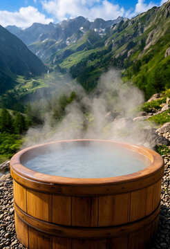 Steaming wooden hot tub with mountain landscape background, outdoor relaxation and wellness retreat