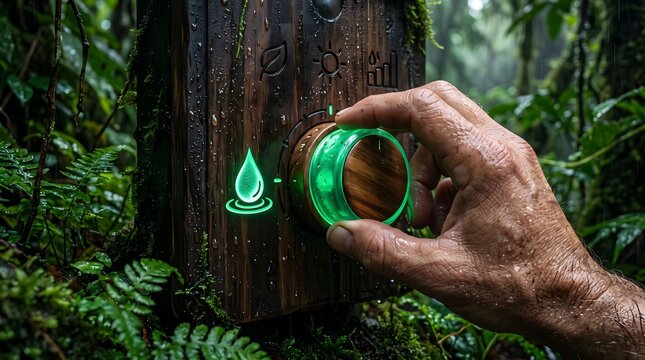 A human hand adjusts a glowing green water-drop dial on an embedded wooden interface, seamlessly blending sustainable technology with the lush, vibrant essence of a dense rainforest environment
